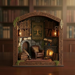 Könnte beinhalten: Miniatur-Diorama einer Bibliothek mit gemütlicher Atmosphäre. Es zeigt Bücherregale, einen Kamin, einen bequemen Sessel und ein Banner mit einem Baumdesign. Zwei Laternen sorgen für warmes Licht und unterstreichen die detaillierte Handwerkskunst.