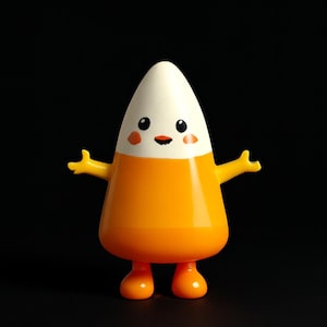 Può includere: Una figura di caramelle di mais dei cartoni animati con una parte superiore bianca, corpo arancione e braccia e piedi gialli. La figura ha una faccia sorridente con guance rosee ed è ambientata su uno sfondo nero. Il personaggio della caramella di mais è un design divertente e stravagante.