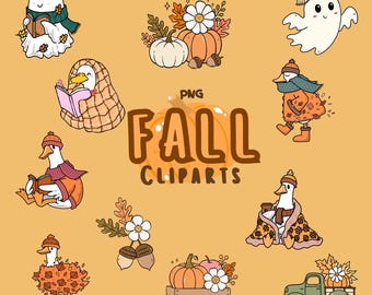 Fall Clipart Bundle, Cute Autumn PNG Set, Pumpkin Thanksgiving Graphics, Kawaii Duck, Commercial Use