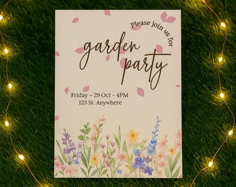 Wildblumen Gartenparty Einladung, Aquarell Floral, bearbeitbare Canvas (Digitaler Download)