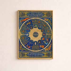 Könnte beinhalten: Ein rechteckiger Wandkunstdruck mit einem kreisförmigen Himmelsdiagramm mit komplexen Gold- und Blaumustern. Das zentrale Rad enthält zwölf verschiedene illustrierte Figuren, umgeben von arabischer Kalligraphie in goldenen Rändern oben und unten.