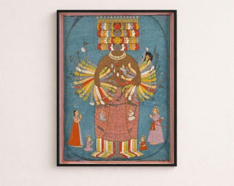 May include: A framed wall art print featuring a multi-headed and multi-armed deity in a traditional Indian miniature painting style. The central figure has a blue background, a pink patterned garment, and is surrounded by four smaller figures.