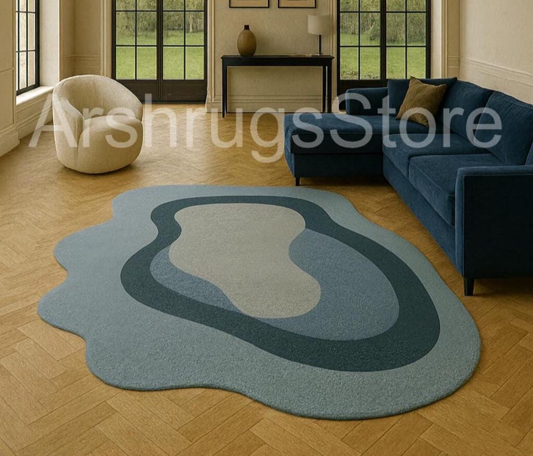 Blue Abstract Tufted Area Rug | Handmade Wool Carpet - Etsy