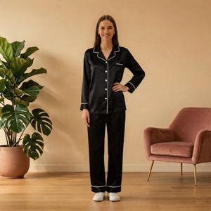 Women's Satin Button-Up Pajama Set – Long Sleeve Shirt & Pants, Elegant Lounge Set, Gift for Her