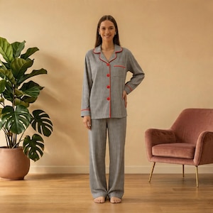 Women's Striped Button-Up Pajama Set – Long Sleeve Shirt & Pants, Red Contrast Trim, Classic Sleepwear
