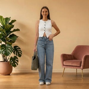 Damen Knopf-Front Strick Weste | Ärmelloses Rippentop mit dekorativen Knöpfen und geschlitztem Saum