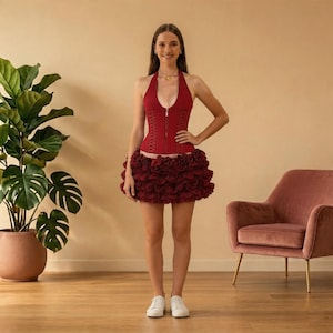 Women's Zip Front Corset Halter Top – Deep V Neck Boned Halter with Lace-Up Detail, Evening & Going Out