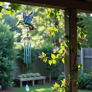 Op de afbeelding: Een kleurrijke kolibrie windgong hangt aan een houten balk, met een weelderige groene achtergrond. De kolibrie heeft blauwe, paarse en groene vleugels. Daaronder hangen blauwe buizen en een druppelvormig kristal.