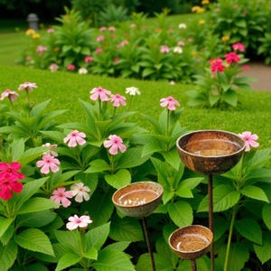 Puede incluir: Escena de jardín con tres bebederos rústicos para pájaros hechos de mitades de coco, llenos de agua. Los bebederos están situados entre un follaje verde vibrante y flores rosas y rojas, creando un espacio exterior natural y acogedor.
