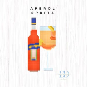 May include: A pixel art design featuring an orange bottle and a glass filled with an orange liquid, garnished with a yellow slice. The text APEROL SPRITZ is printed in black above the items. The design is composed of small square blocks.
