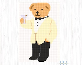 May include: A cross-stitch pattern featuring a tan bear wearing a cream-colored tuxedo jacket with a black bow tie and black trousers. The bear holds a martini glass. The text MARTINI PREPPY BEAR is printed above the bear, and a logo is at the bottom.