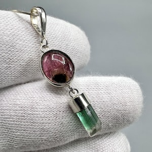 natural Tourmaline crystal With Ruby light color Tourmaline Cab Pendant, Sterling Silver 925 (9.00 Carat)
