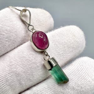 natural Tourmaline crystal With Ruby light color Tourmaline Cab Pendant, Sterling Silver 925 (10.00 Carat)