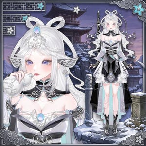 May include: A digital illustration of a character with long white hair, wearing a black and white layered outfit with light blue accents. The character features pointed ears, purple eyes, and holds a white gourd-shaped bottle in a snowy setting.