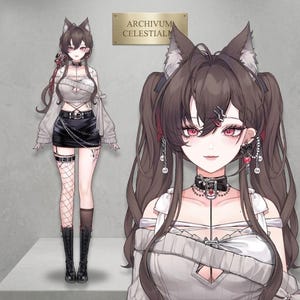 May include: An anime-style character illustration featuring a figure with brown twin-tails, wolf ears, and pink eyes. The character wears a white off-shoulder top, black mini skirt with a chain, fishnet stockings, and black boots. Text reads ARCHIVUM CELESTIALM.