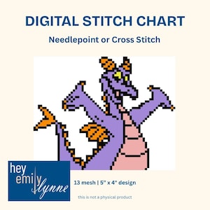 May include: Digital stitch chart featuring a pixelated purple dragon with orange accents. The design is 5 inches by 4 inches and suitable for needlepoint or cross stitch. The text reads "DIGITAL STITCH CHART" and "Needlepoint or Cross Stitch."