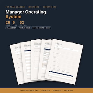 Op de afbeelding: Een digitale sjablonenset Manager Operating System met 26 pagina's, 5 tools en 52 PDF-bestanden. De documenten bevatten een teamlidprofiel, wekelijkse teamsamenvatting, coachingsessie, gesprekskwaliteitsscore en een 1:1 sessielogboek voor beheer.