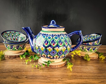 Usbekisches Keramik-Teeservice – Handgefertigte Teekanne (1 l) + 4 Pialas (11 cm) | Traditionelles orientalisches Teeservice | Einzigartige Geschenkidee