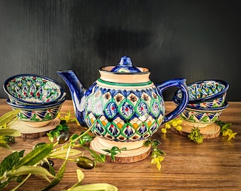Usbekisches Keramik-Teeservice – Handgefertigte Teekanne (1 l) + 4 Pialas (11 cm) | Traditionelles orientalisches Teeservice | Einzigartige Geschenkidee