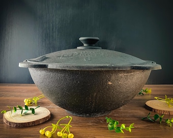 Usbekischer gusseiserner Kazan-Kochtopf (6 l, flacher Boden) mit Deckel, Kochkessel, Plov-Topf, geeignet für Outdoor- und Herdkochen, Grillen und Camping