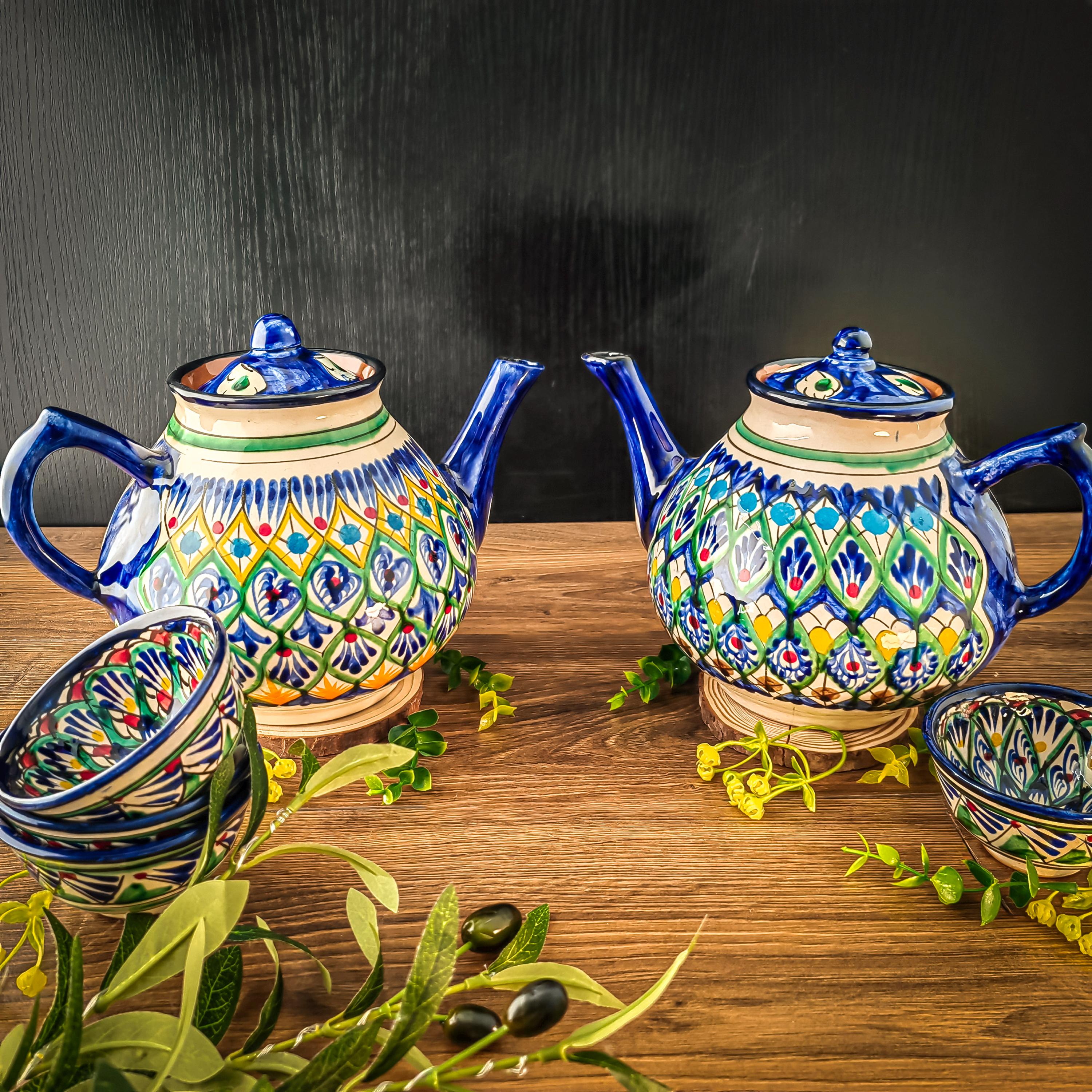 ウズベキスタン アドラス柄 陶器 ティーポット、受け皿、カップ2個付き Uzbek teapot - Etsy 日本