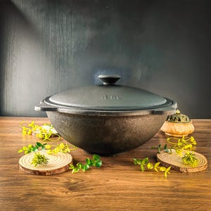 Uzbek Cast Iron Kazan 4.5L Flat Bottom with Lid, Cooking Cauldron, Plov Pot, Outdoor & Stove Cooking, BBQ Camping Cookware