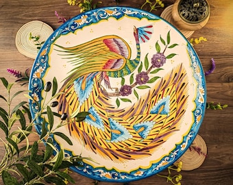 Handgefertigter usbekischer Keramikteller – 42 cm Lagan, handbemaltes „Feuervogel“-Motiv, farbenfrohe orientalische Servierschale und einzigartige Dekoration