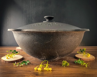 Kazan uzbeko in ghisa da 10 litri con fondo piatto e coperchio, pentola per cucinare, plov, per cucinare all'aperto e sui fornelli, attrezzatura da campeggio e barbecue.