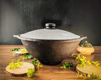 Kazan ouzbek en fonte de 3,5 L à fond plat avec couvercle, chaudron de cuisson, marmite à plov, pour la cuisine en extérieur et sur réchaud, ustensiles de cuisine pour barbecue et camping