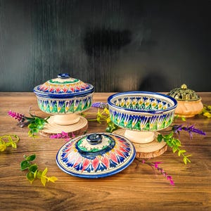 Handmade Uzbek Ceramic Sugar Bowl with Lid – 11.5 cm, Hand-Painted Oriental Pattern, Decorative Condiment Dish & Unique Gift