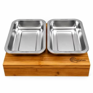 Pode incluir: Duas tigelas retangulares de aço inoxidável com cantos arredondados e o texto SUS304 gravado na borda, inseridas em um suporte retangular de madeira de bambu com o logotipo Dastarhan impresso no canto inferior direito da base.