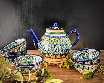 Usbekisches Keramik-Teeservice – Handgefertigte Teekanne (2 l) + 6 Pialas (11 cm) | Traditionelles orientalisches Teeservice | Einzigartige Geschenkidee
