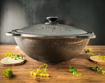 Usbekischer gusseiserner Kazan-Kochtopf (8 l, flacher Boden) mit Deckel, Kochkessel, Plov-Topf, geeignet für Outdoor- und Herdkochen, Grillen und Camping