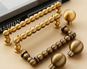 Puxadores de latão maciço com detalhes em contas/Acabamento em latão antigo/Puxador para porta de guarda-roupa/Puxadores ornamentados para cômoda/Puxadores para gaveta de cozinha/Ferragens para puxadores de armário