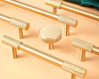 Puxador de armário em latão dourado serrilhado/Puxador linear para penteadeira/Latão acetinado polido envelhecido/Puxadores para guarda-roupa/Ferragens para armários de cozinha