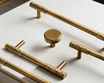 Puxadores modernos de latão serrilhado para armários, puxadores de gaveta em latão maciço para cozinha e banheiro / Puxador de gaveta em latão / Ferragens para armários