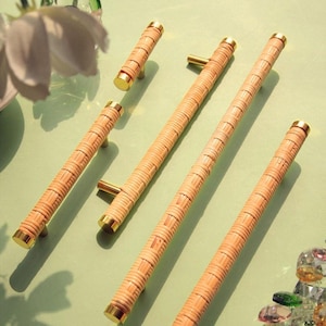 Puede incluir: Un conjunto de tiradores y manijas para gabinetes. La ferretería presenta una textura tejida natural con detalles dorados. Los tiradores son cilíndricos y las manijas son largas y rectangulares. Están dispuestos sobre una superficie verde claro.