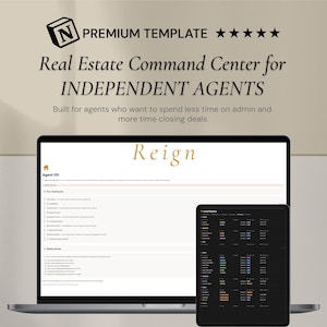 May include: A laptop and tablet displaying a real estate dashboard. The laptop screen shows a white interface with the text "Agent OS" and "Reign". The tablet displays a dark interface with colorful data charts. The image includes the text "Real Estate Command Center for INDEPENDENT AGENTS".