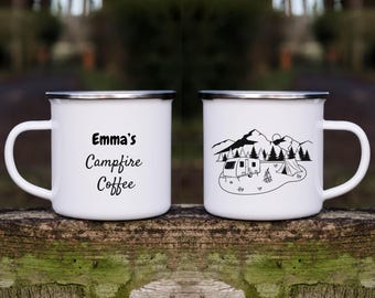Personalized Campfire Coffee Mug, Camping Mountain Design, Enamel Mug For Outdoor Lovers
