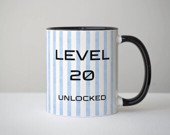 Level 20 Unlocked Birthday Mug, Striped Chapter 20 Mug, Turning 20 Gaming Gift, Gamer Coffee Mug, 20th Anniversary, Milestone Birthday Mug