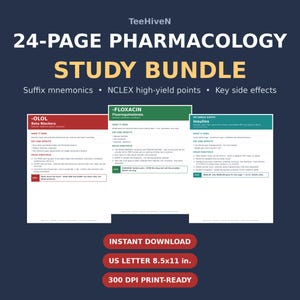 May include: A 24-page pharmacology study bundle digital document featuring three sample pages with red, green, and teal headers. The text includes Suffix mnemonics, NCLEX high-yield points, and key side effects. Includes US Letter 8.5x11 in. text.