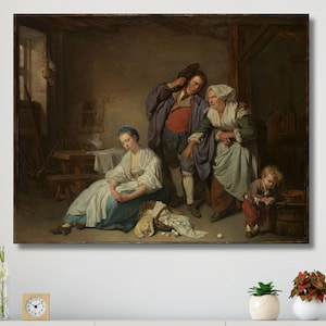 May include: A framed print of a classical painting showing a domestic scene. A woman sits dejectedly, surrounded by figures in period clothing. The artwork is displayed above a white cabinet with a clock and plants.