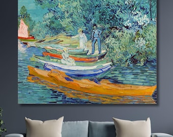 Van Gogh Boats on the Seine Canvas Wall Art, River Scene Print, Impressionist Landscape Painting, Vibrant Nautical Home Decor Gift