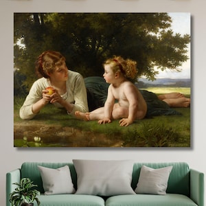 Puede incluir: Impresión en lienzo enmarcada de una pintura clásica. La obra representa a una mujer y un niño en un entorno natural. La mujer, con cabello castaño rojizo, sostiene una manzana. El niño está sentado en la hierba. El fondo presenta un árbol, agua y un paisaje distante.
