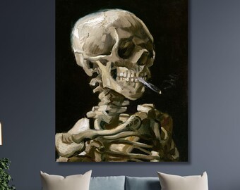 Van Gogh Skeleton with Cigarette Canvas Wall Art, Dark Academia Print, Anatomical Art, Gothic Macabre Decor, Medical Student Poster Gift