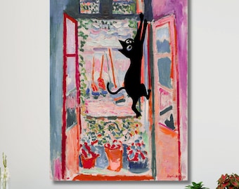 Matisse Offenes Fenster mit Katze Leinwand Wandkunst, Fauvismus Druck, lebendige Innendekoration, bunte Fenster Szene Fine Art Poster Geschenk