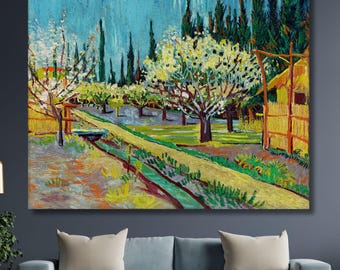 Obraz ścienny na płótnie Van Gogha „Sad otoczony cyprysami”, wydruk krajobrazu naturalnego, impresjonistyczny obraz drzewa, rustykalny wystrój domu