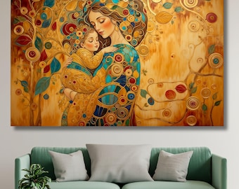 Gustav Klimt Mother and Child Canvas Wall Art, Maternity Print, Art Nouveau Painting, Die Lebensfreude Reproduction, Gold Tones Decor Gift