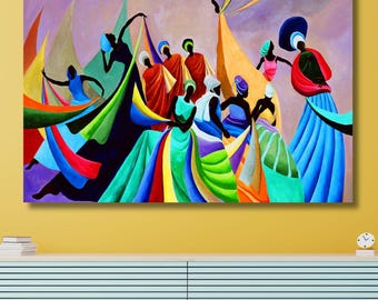 Dance of Africa Canvas Wall Art, Vibrant African Tribal Dancers, Ethnic Cultural Decor, Colorful Movement Painting, Afrocentric Home Gift