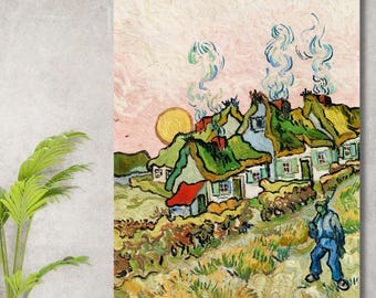 Obraz na płótnie „Domy i postacie” Van Gogha, wydruk pejzażu, scena wiejska w stylu postimpresjonistycznym, nieoprawiony prezent na rustykalną dekorację domu